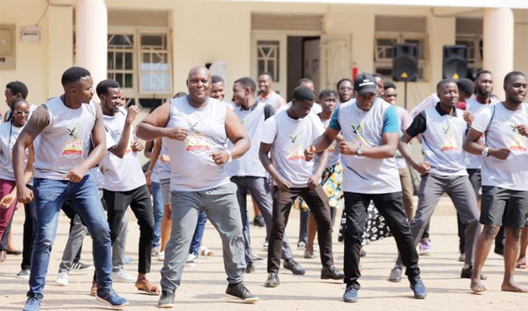 202509Mengo-SS-headteacher-Nantagya-Grace-Ssebanakitta-2nd-L-leads-teachers-and-former-students-in-physical-drills