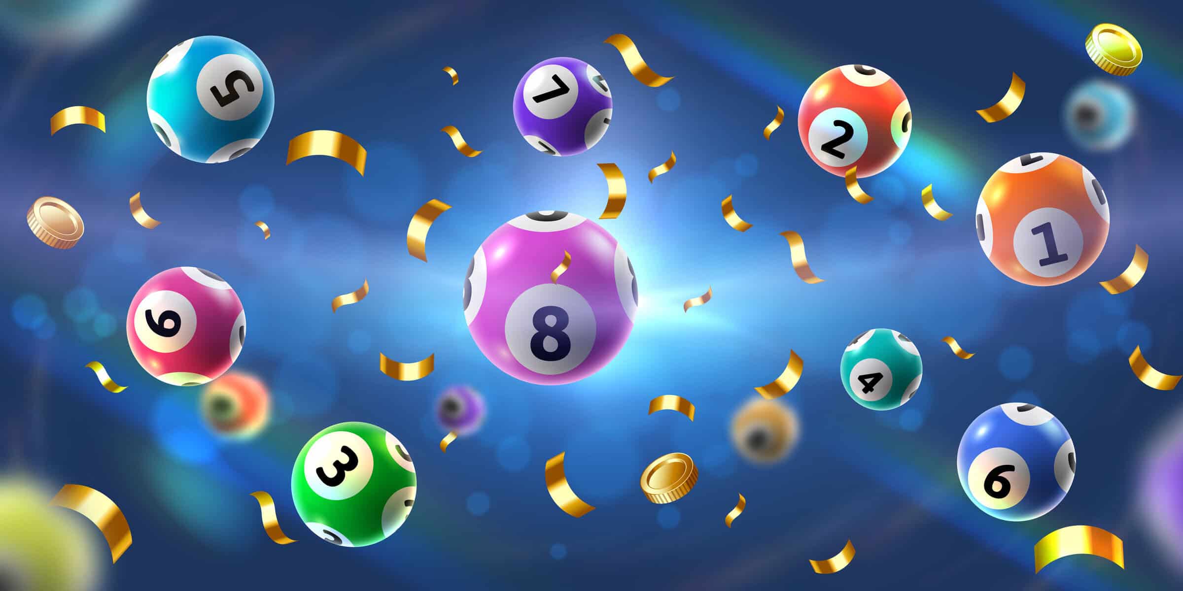 Bingo balls splash background. Floating lotto game ball, golden coins and confetti, lucky gambling winner celebration vector illustration
