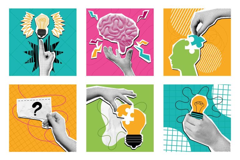 Halftone collage creative idea. Mixed media idea generation composition, pop art brain and problem solving solution concept vector illustration set.