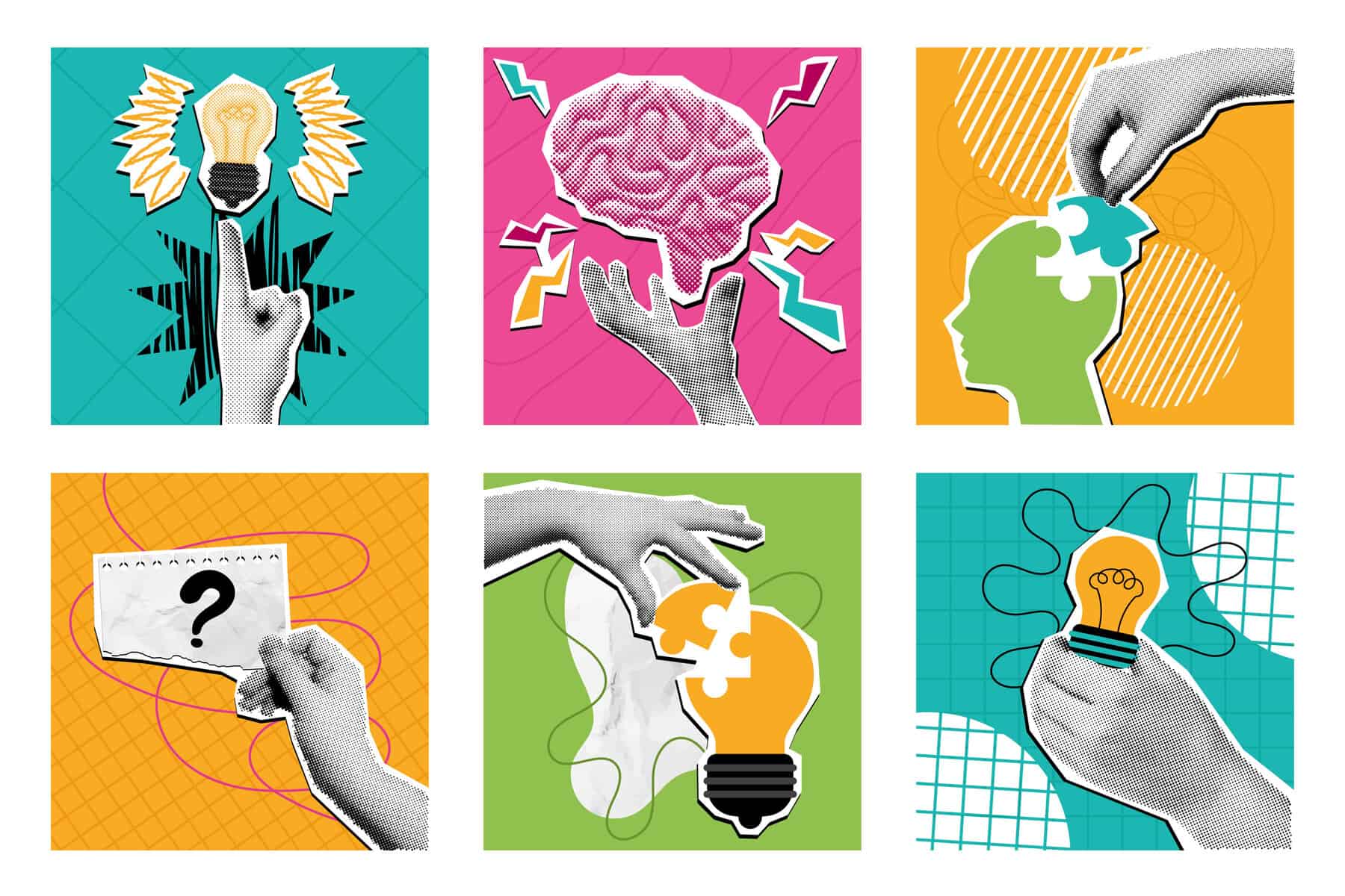 Halftone collage creative idea. Mixed media idea generation composition, pop art brain and problem solving solution concept vector illustration set.