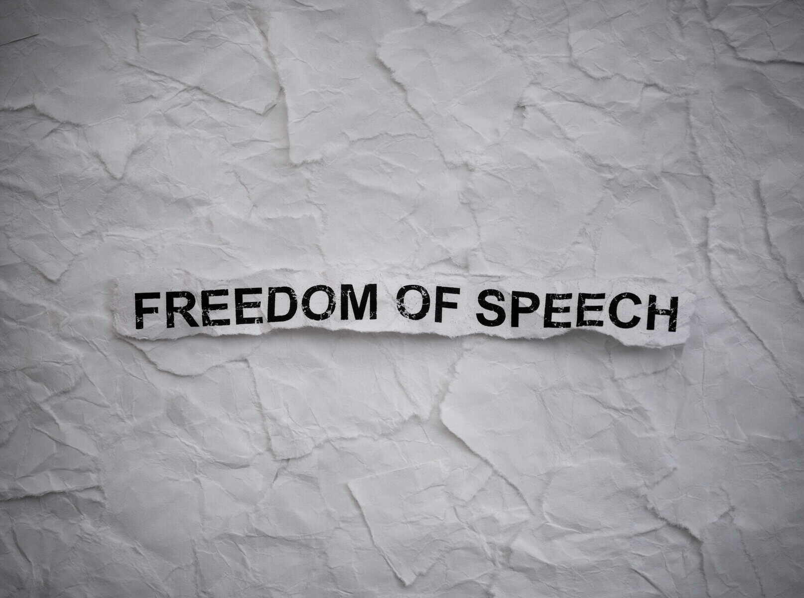 Crumpled piece of a paper with words Freedom of Speech on torn white paper pieces background.