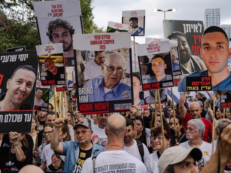Thousands of protesters, including family members of hostages being held in Gaza, march in Tel Aviv, Israel, Aug. 26, 2025. (Amit Elkayam/The New York Times)