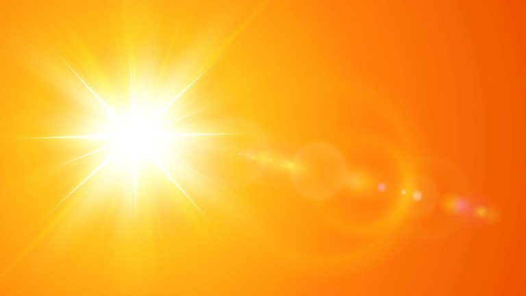 Sunny background, orange sun with lens flare, hot weather concept, summer background  illustration.