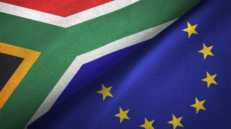 European Union and South Africa two flags together textile cloth fabric texture
