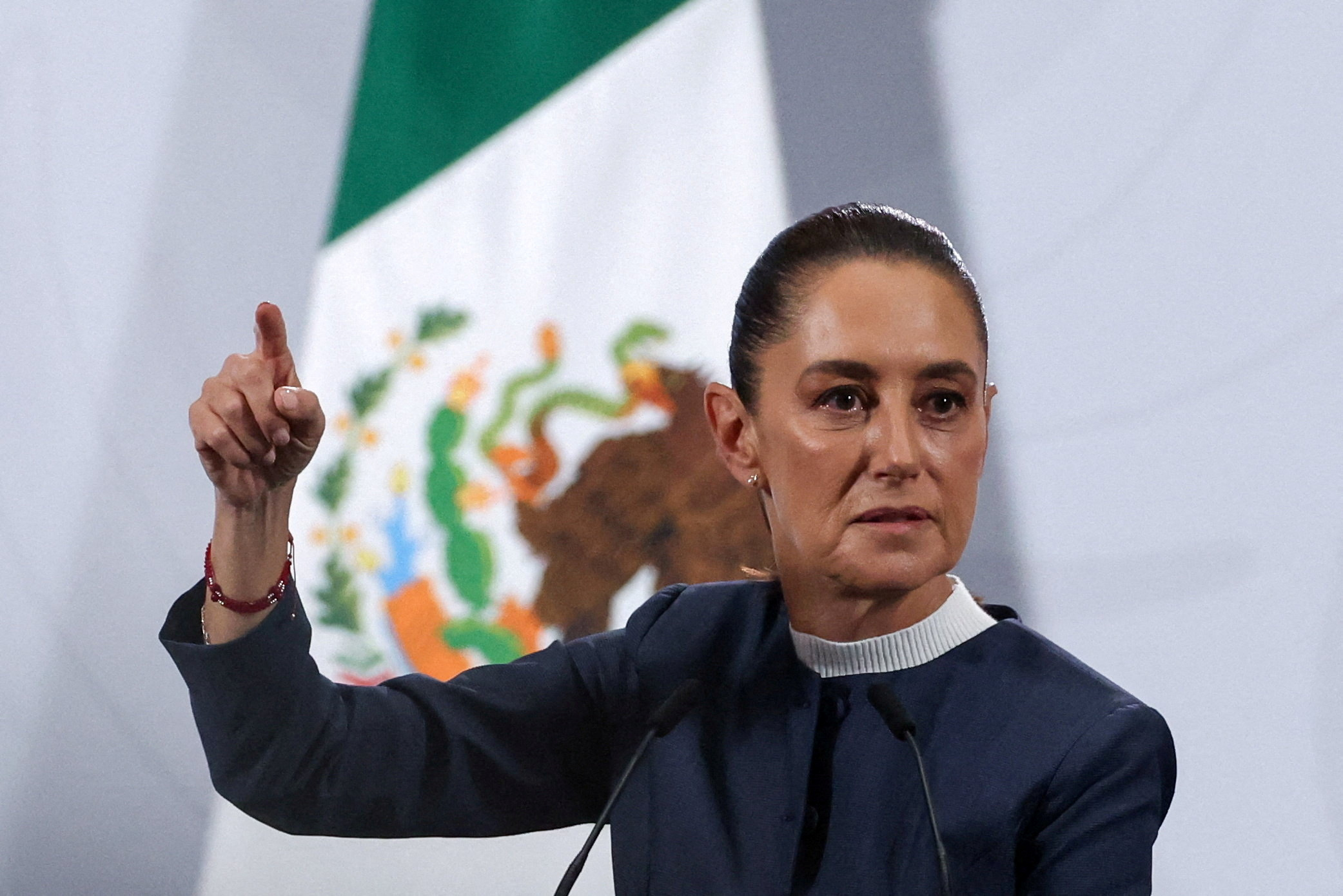FILE PHOTO: Mexico's President Claudia Sheinbaum holds a press conference at the National Palace, in Mexico City