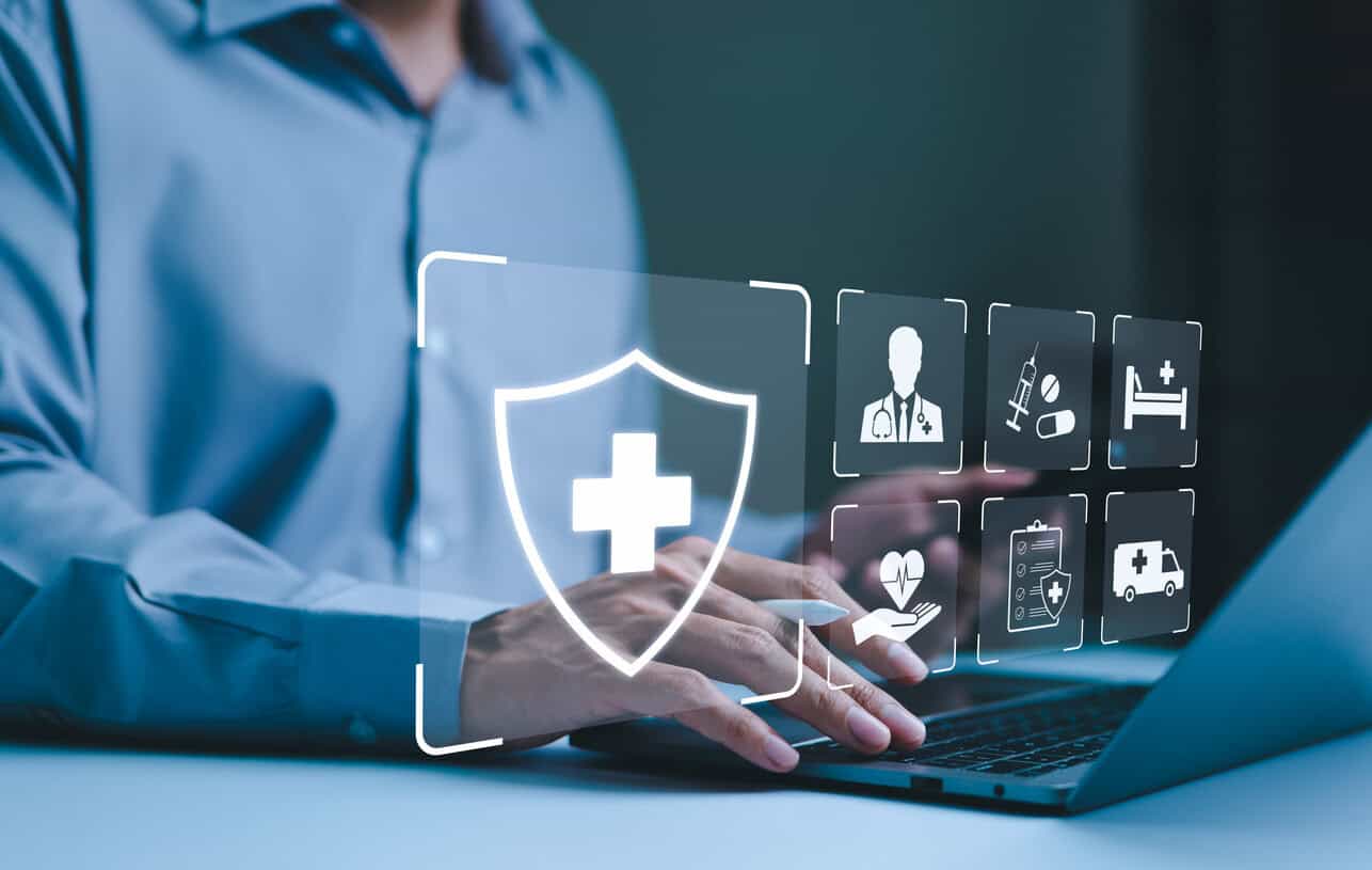 Healthcare and Medical Technology. Businessman use laptop with digital healthcare icons for medical records, insurance, patient care, pharmaceuticals, modern medical technology, health services,