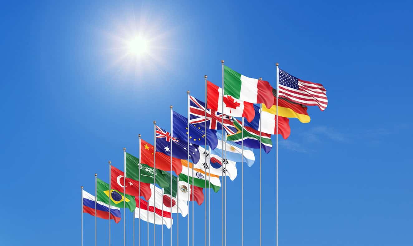 Waving flags countries of members Group of Twenty. Big G20, in Rome, the capital city of Italy, on 30â31 October 2021. 3d Illustration. Isolated on sky background.