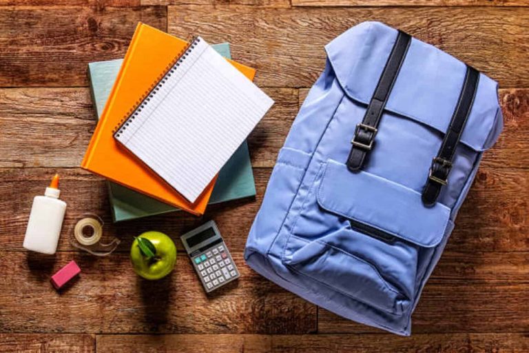 Overhead photo of Back to School Backpack and Supplies on a retro wood table