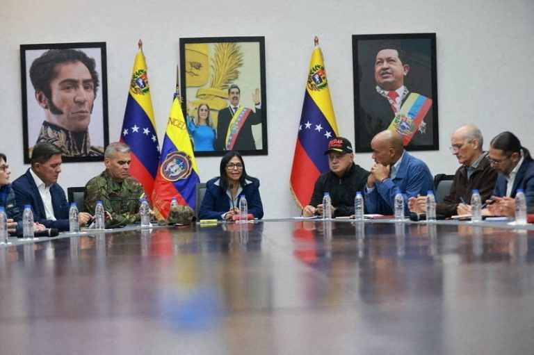 Photo shows Delcy Rodriguez, the acting President of Venezuela, attenting a meeting