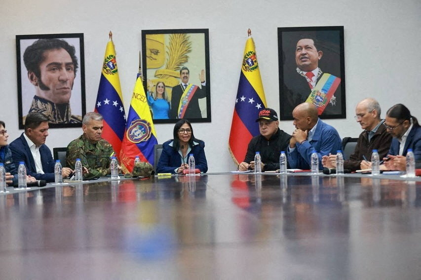 Photo shows Delcy Rodriguez, the acting President of Venezuela, attenting a meeting