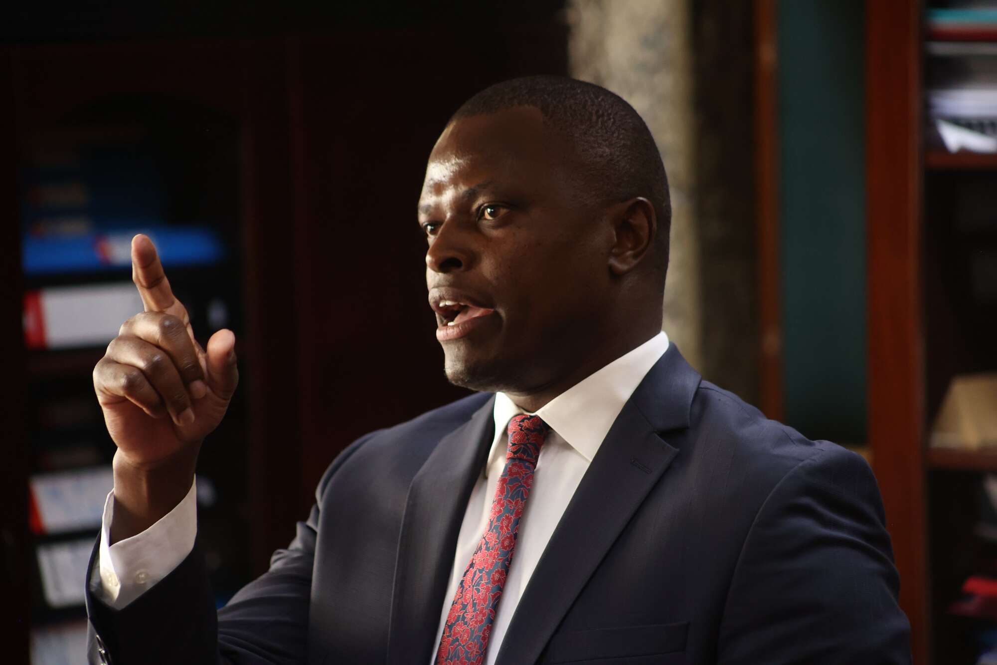 Kiharu MP Ndindi Nyoro addressing journalists in his office at K