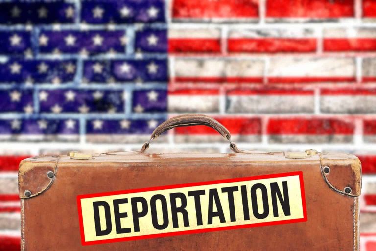 Flag of the United States of America, a suitcase and deportation sticker