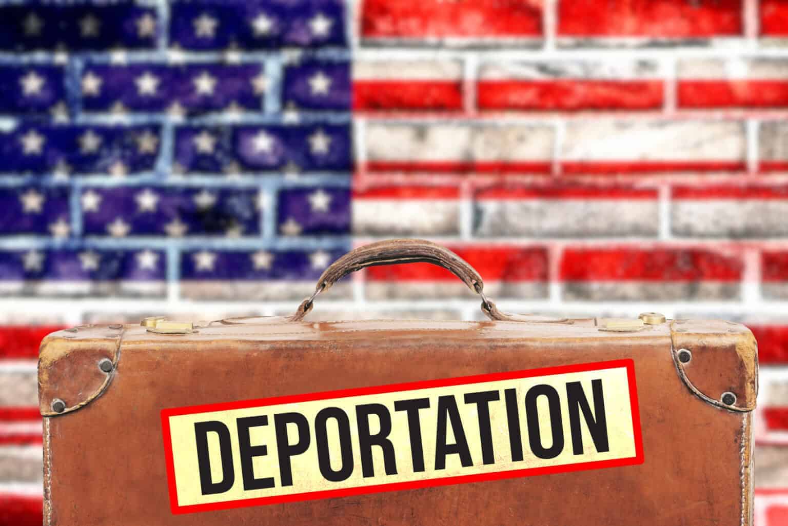 Flag of the United States of America, a suitcase and deportation sticker