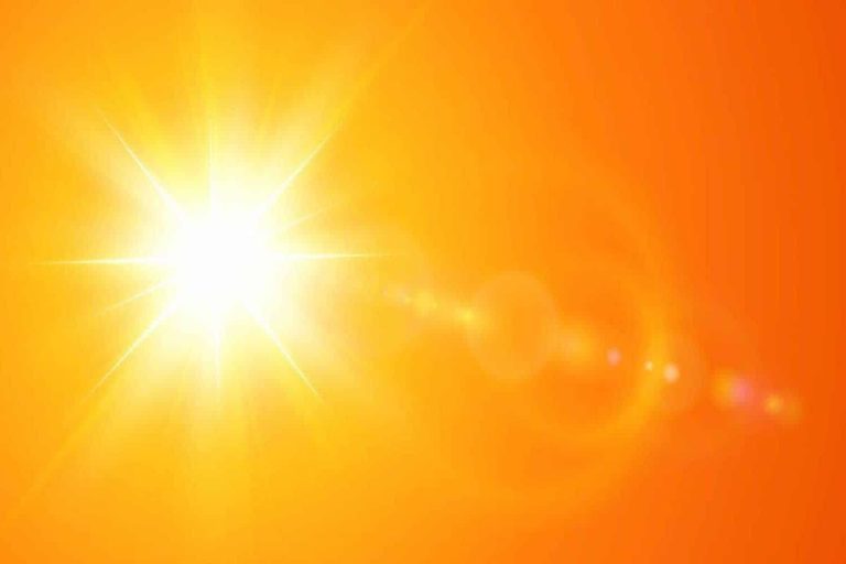 Sunny background, orange sun with lens flare, hot weather concept, summer background  illustration.