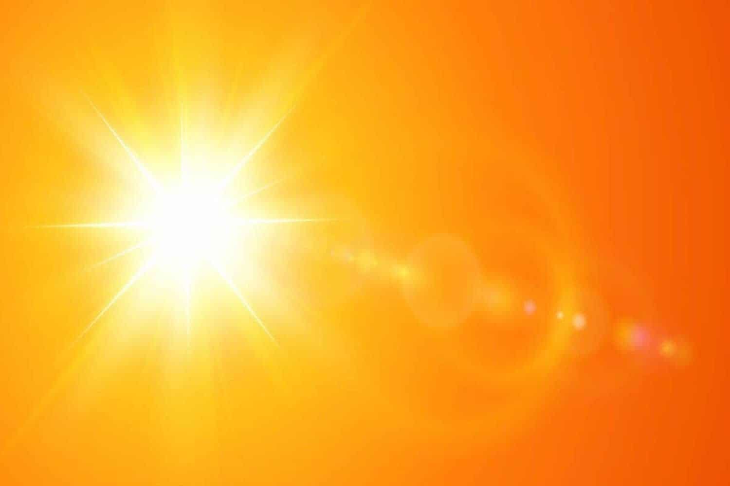Sunny background, orange sun with lens flare, hot weather concept, summer background  illustration.