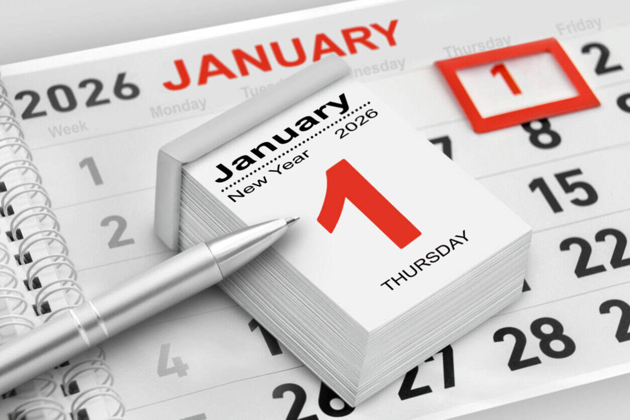 Calendar 2026  January 1 New Year and pencil