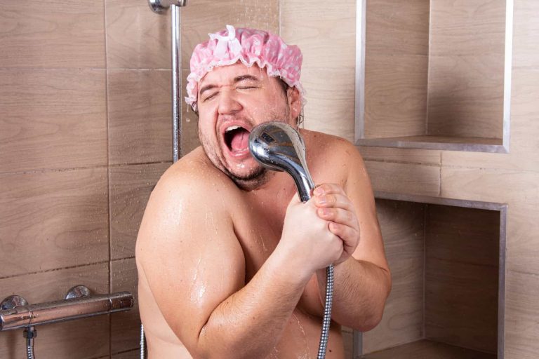 Funny fat guy in the shower.
