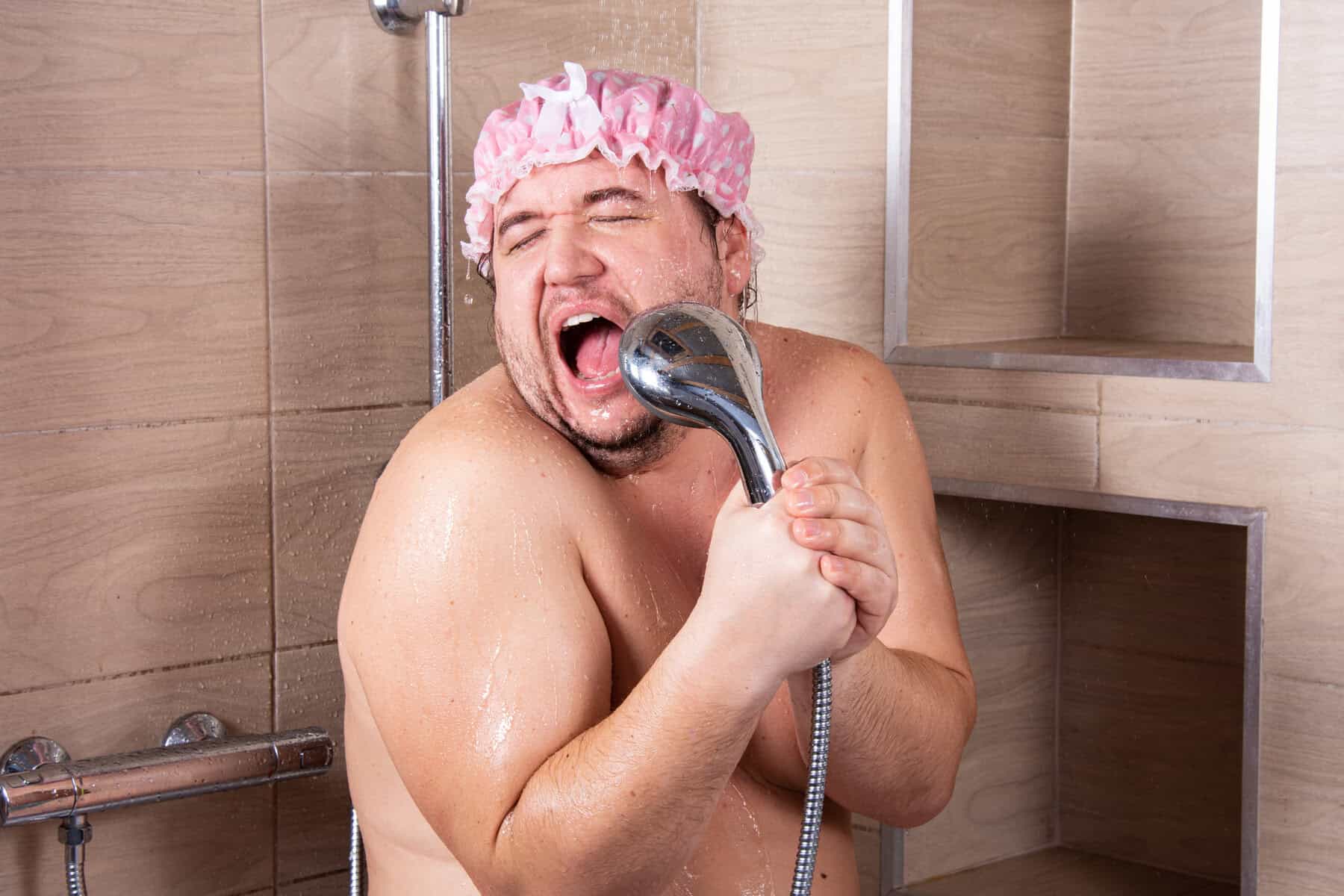 Funny fat guy in the shower.