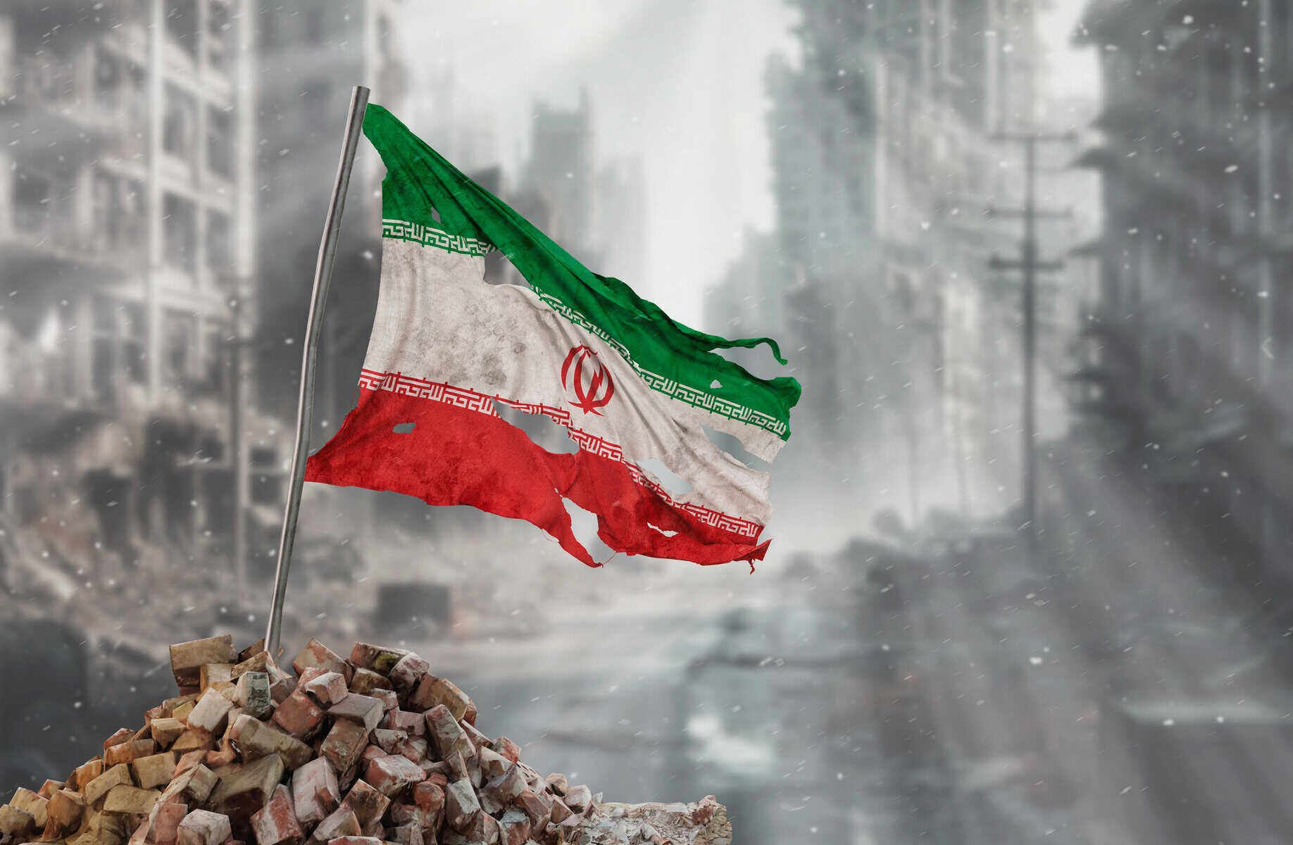 Dirty and torn Iran flag, symbol of resistance and victory. A scene of war and devastation, the ruins of a city destroyed by conflicts. 3D Rendering.