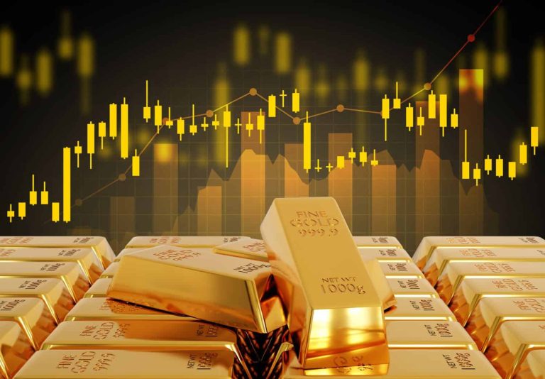 Gold trading, gold bars with stock graph chart stock. Business and finance concept