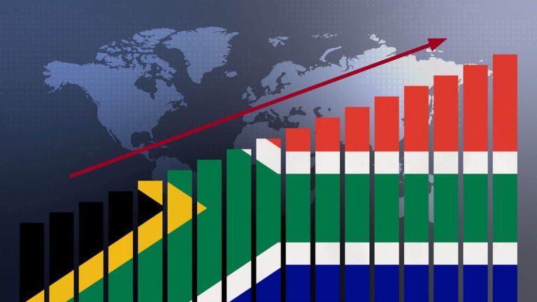 South Africa flag on bar chart concept with increasing values, economic recovery and business improving after crisis and other catastrophe as economy and businesses reopen again