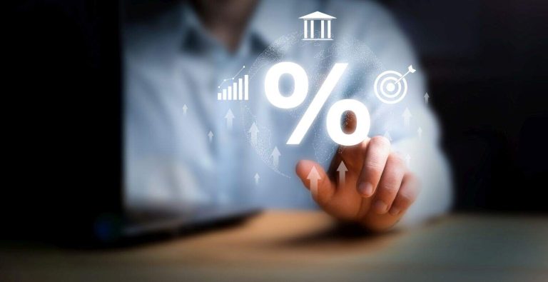 Businessman touching percent symbol with arrows