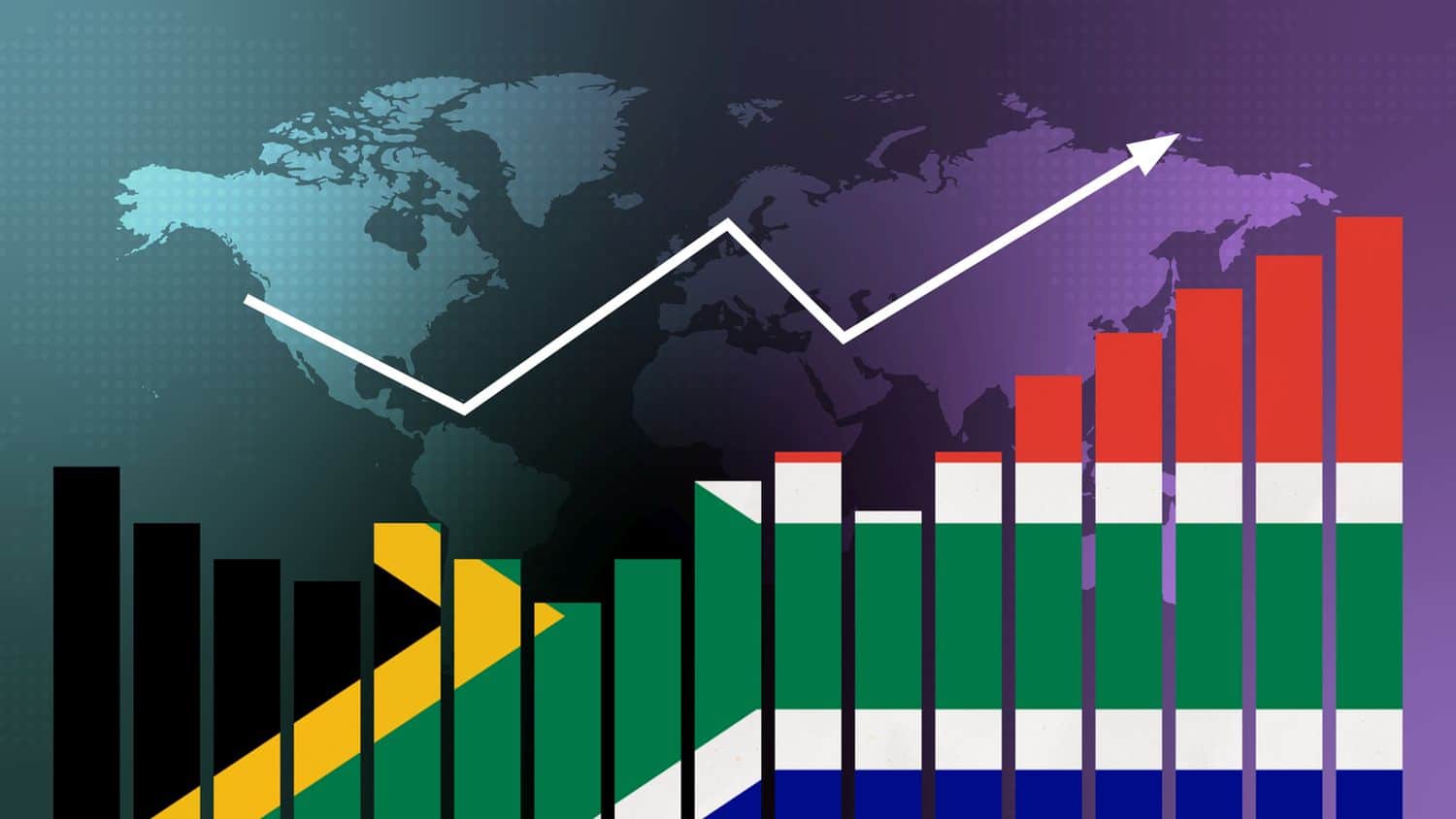 South Africa bar chart graph with ups and downs, increasing values, concept of economic recovery and business improving, businesses reopen, politics conflicts, war concept with flag