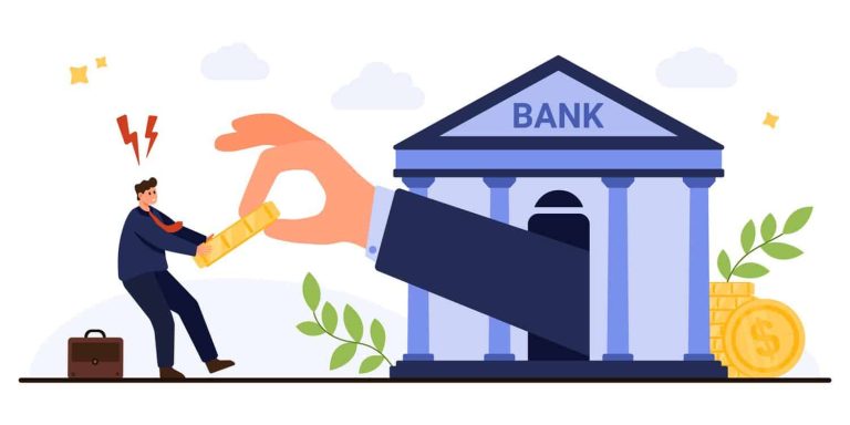 Bank taking money from businessman concept