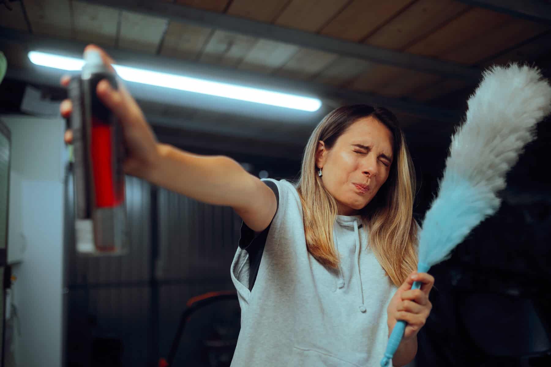 Woman Cleaning and Holding Insect Spray in a Warehouse