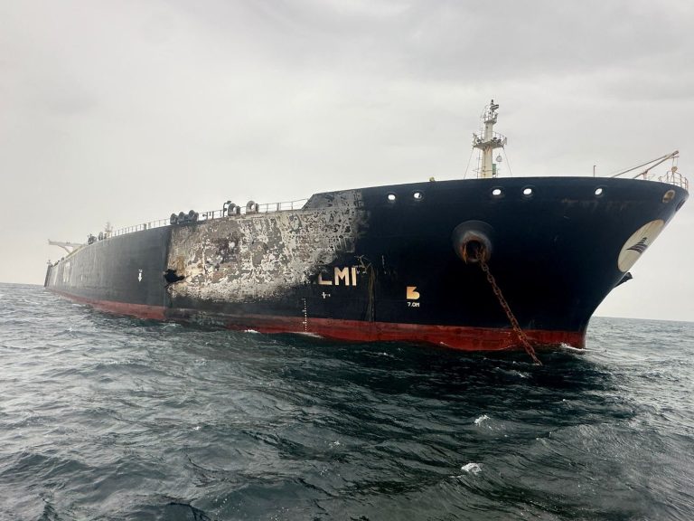Damage to the Kuwait-flagged Al-Salmi crude oil tanker, following a reported strike
