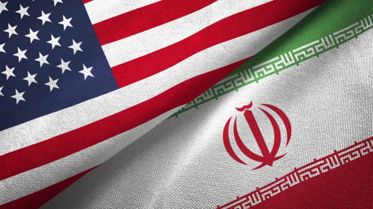 Iran and United States two flags together realations textile cloth fabric texture