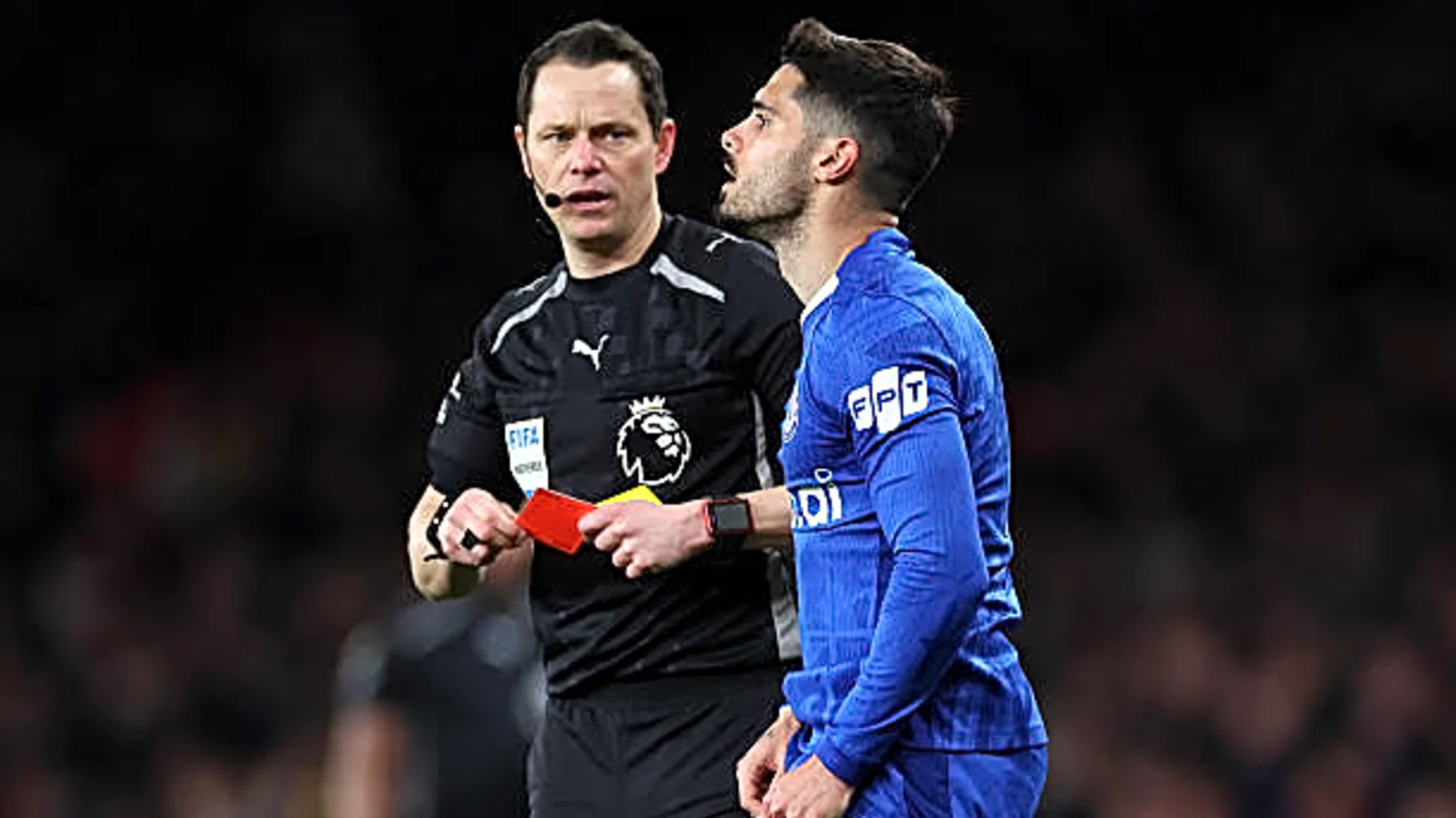 london-england-pedro-neto-of-chelsea-is-shown-a-red-card-by-referee-darren-england-during-the