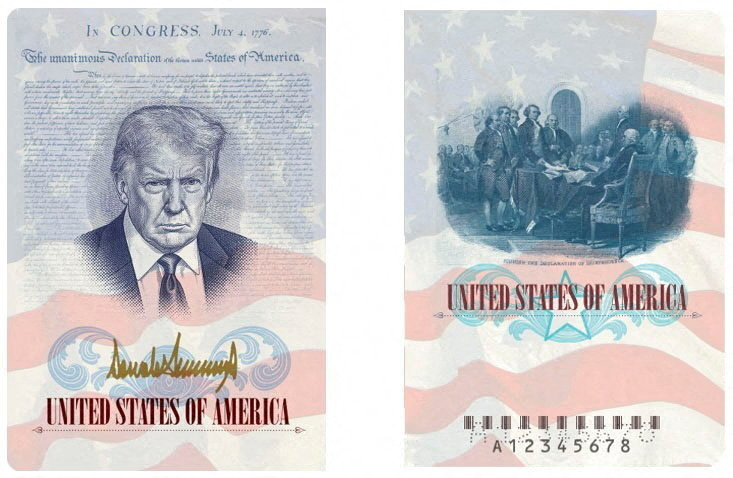 Artist rendering shows U.S. passport featuring an image and signature of U.S. President Donald Trump