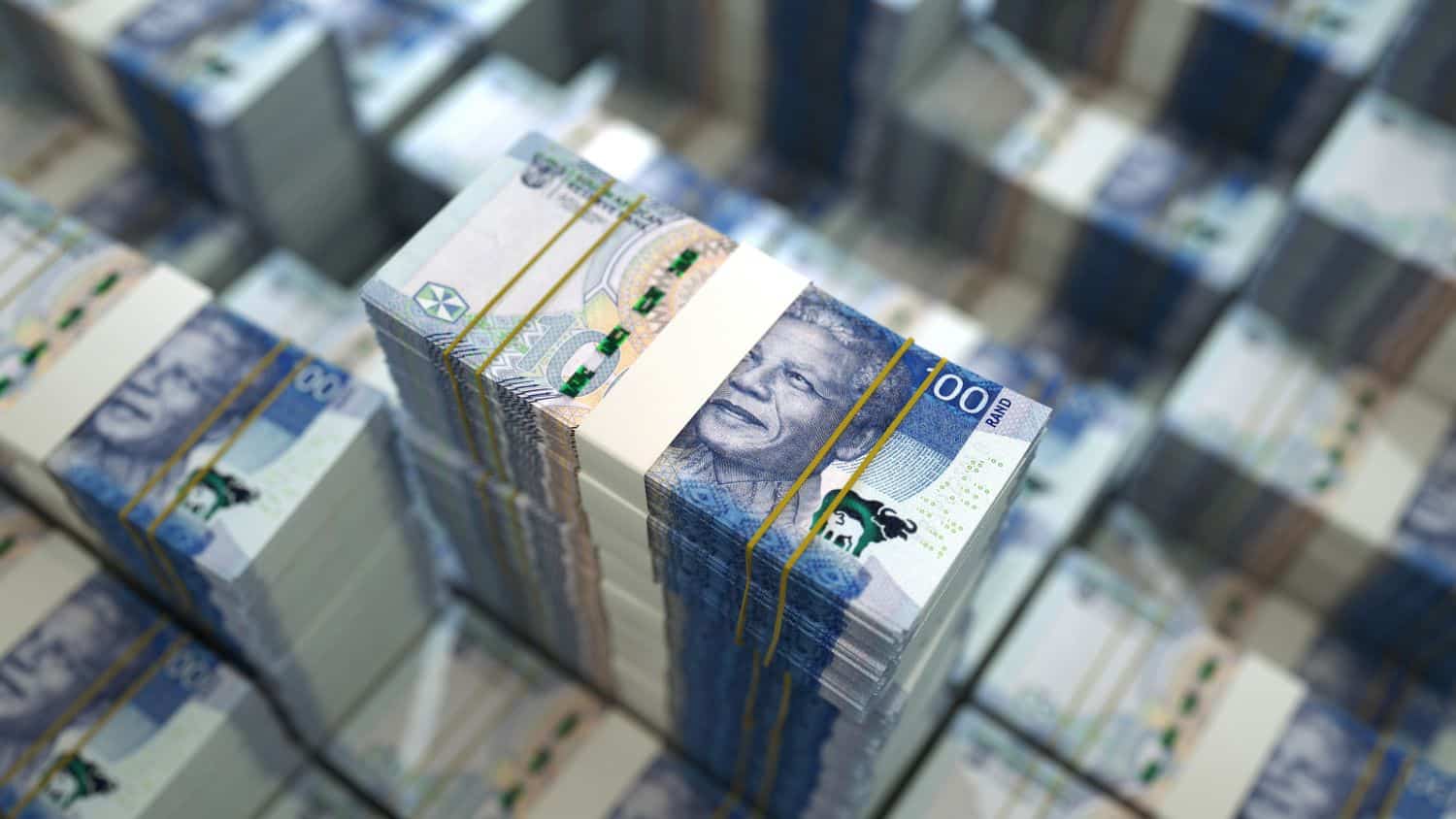 close up of stacks of 2023 South African rand notes notes. 3d rendering on bundles of money. Bank of South Africa