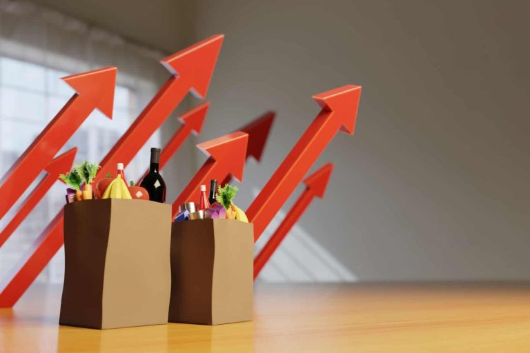 Inflation, prices rise concept. Groceries bags and red arrows representing the increase in the cost of living. Digital 3D rendering.