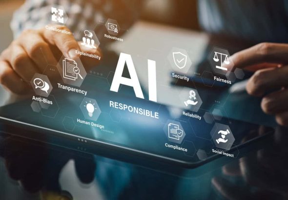 Responsible AI concept with ethical principles transparency and social impact in technology