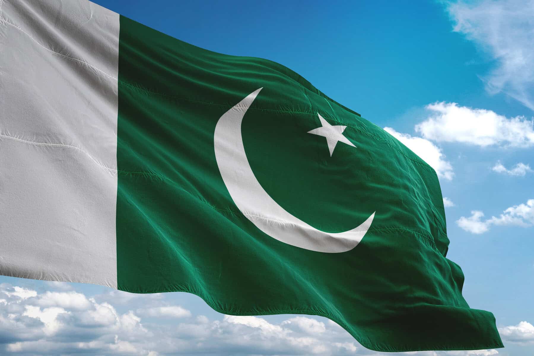 Pakistan flag waving cloudy sky background