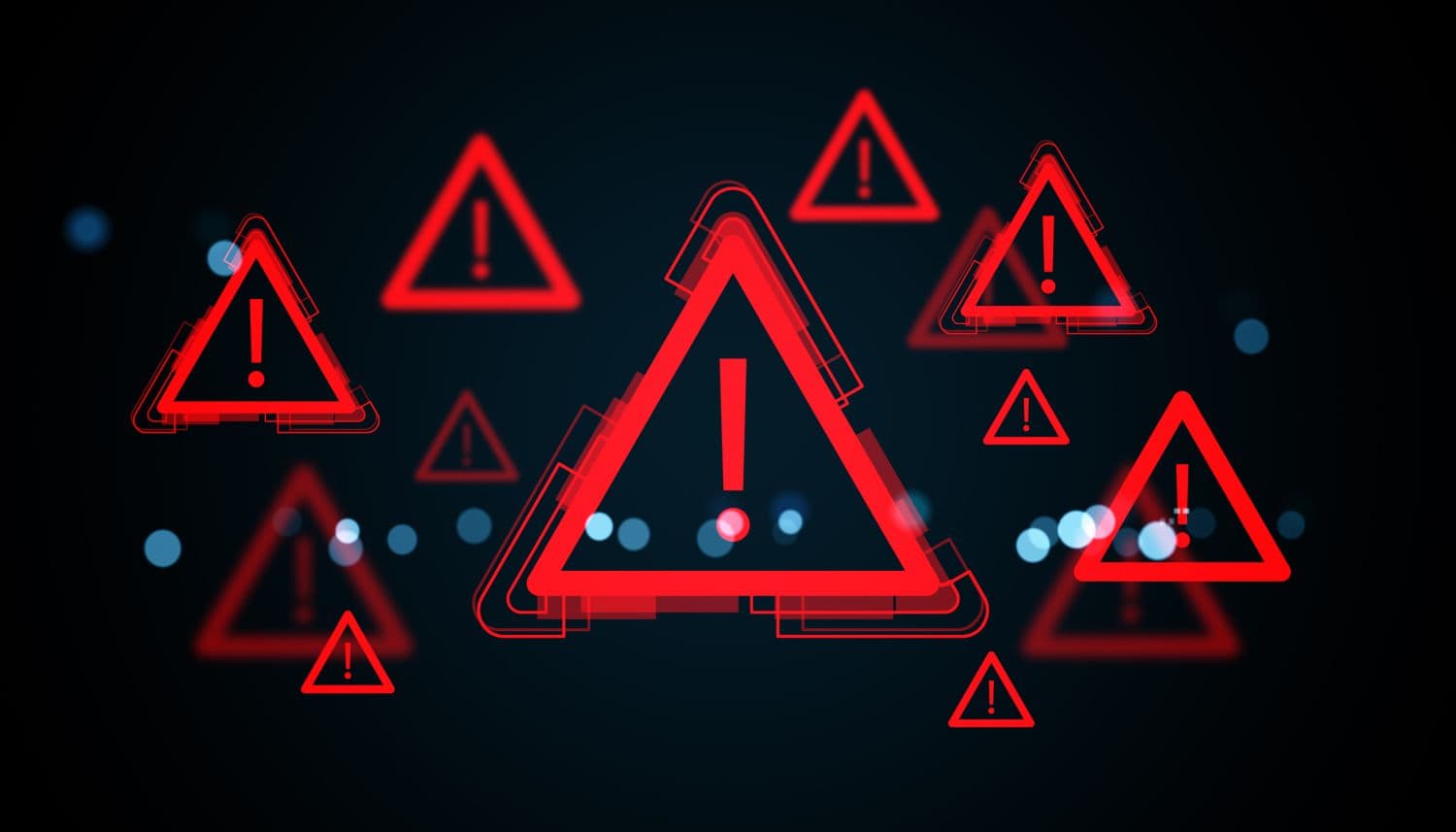 Red digital warning signs with exclamation marks floating in a virtual cyber environment on a dark background with glowing particles. 3D Rendering