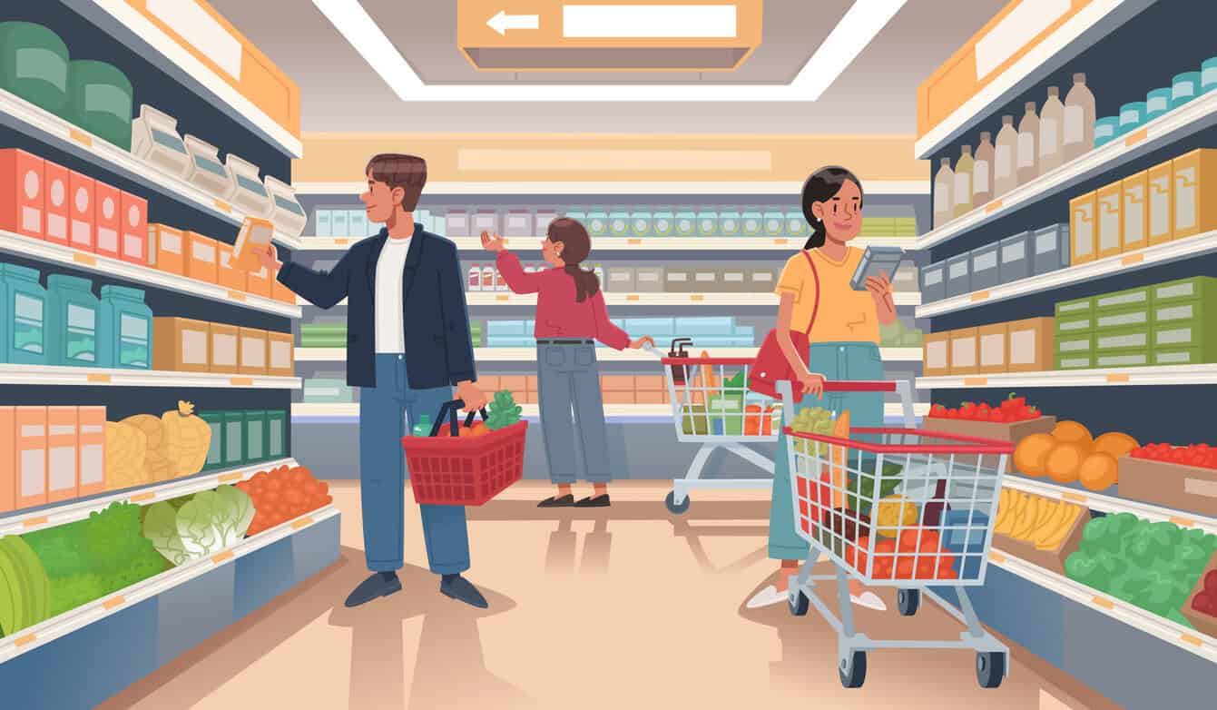 Grocery store. Supermarket, people choosing goods on the shelves of the store. Vector illustration