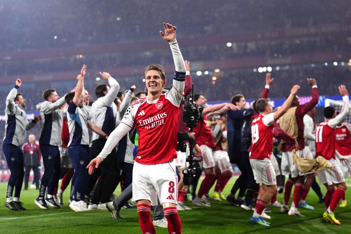 Arsenal's Martin Odegaard celebrates following the UEFA Champions League semi-final second leg match at the Emirates Stadium, London. Picture date: Tuesday May 5, 2026.