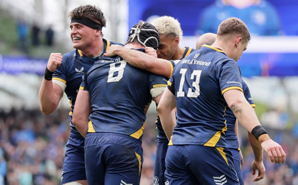 Caelan Doris celebrates scoring his side’s fourth try of the match with Alex Soroka, Rieko Ioane and Garry Ringrose 2/5/2026