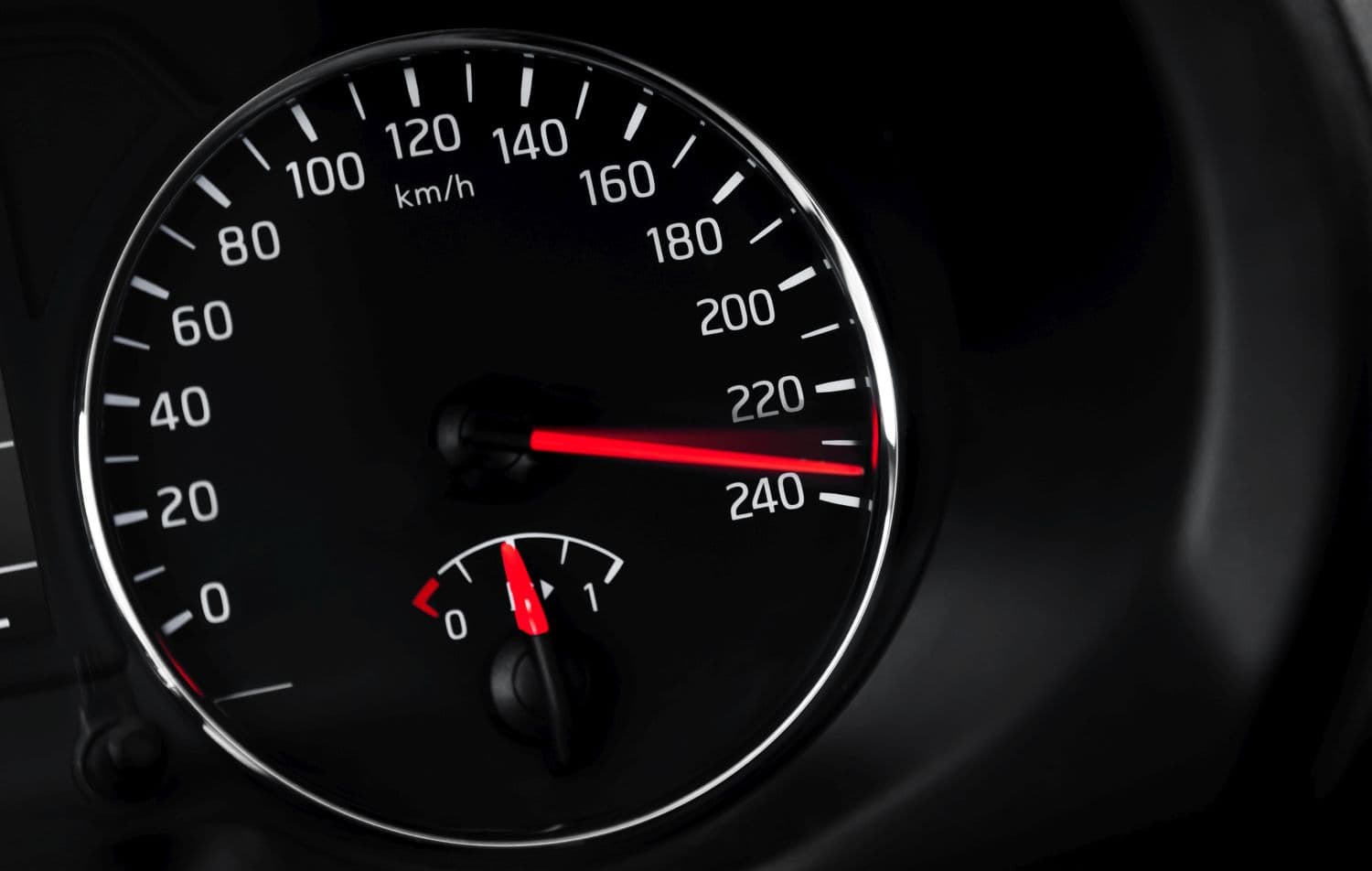 Close-up of a car speedometer displaying high speed