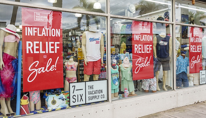 Miami Beach Florida, Collins Avenue, The Vacation Supply Company, window display sign inflation relief sale
