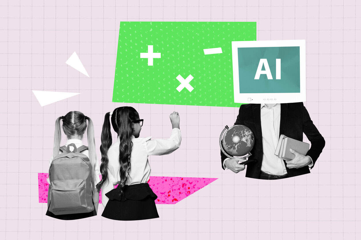 Full 3d art trend collage of two happy schoolgirls stand back headless teacher man pc monitor artificial intelligence cyber courses