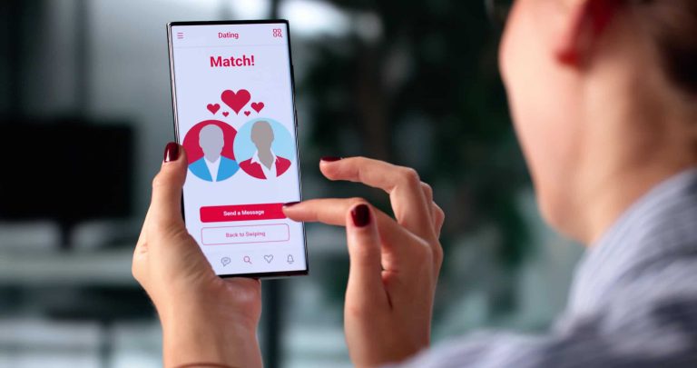 Woman Using Online Dating App On Smartphone Possibly Falling For Scam