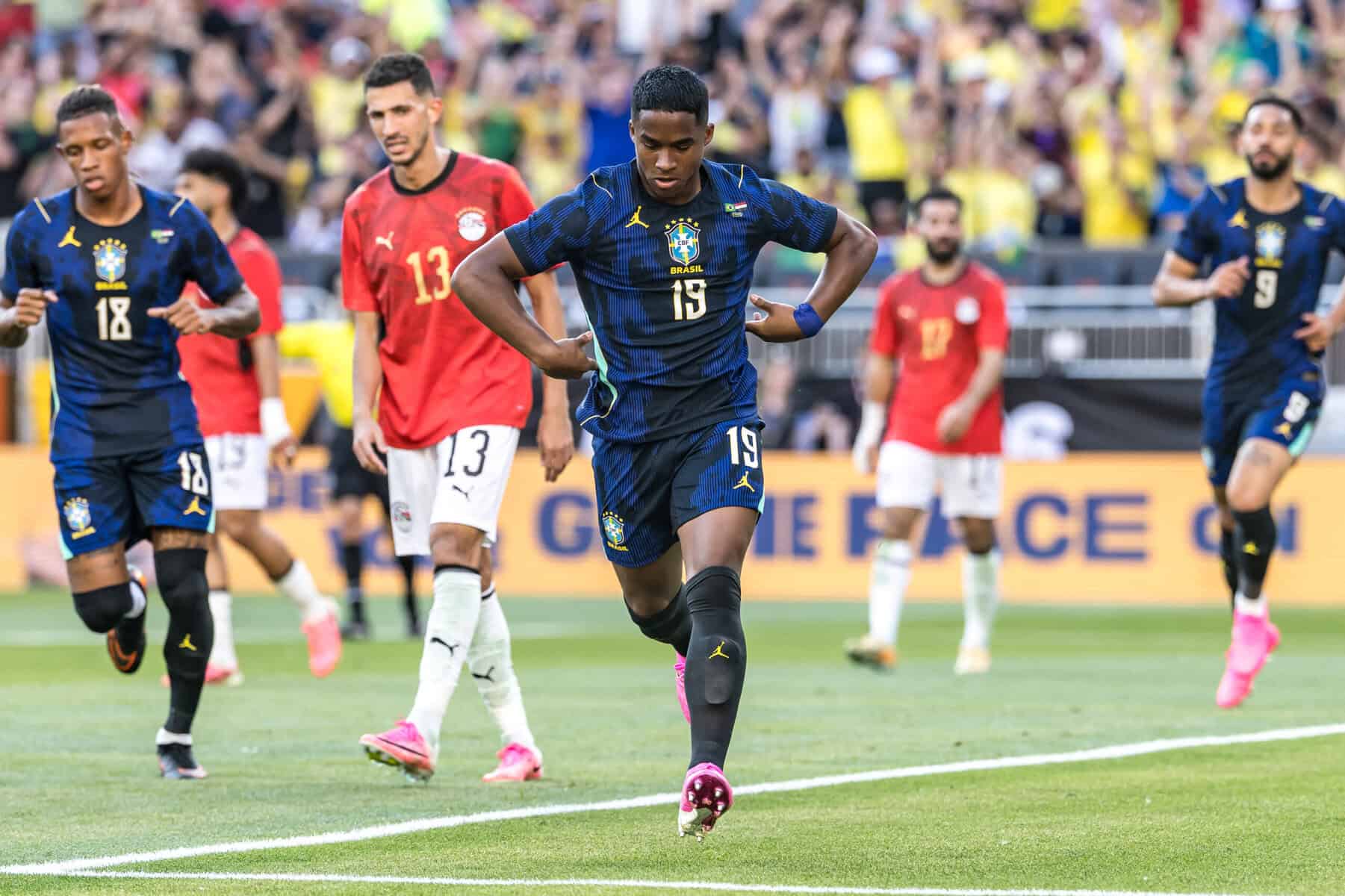 Brazil's Endrick celebrates his goal during an international friendly match preparing for the World Cup between Brazil and Egypt